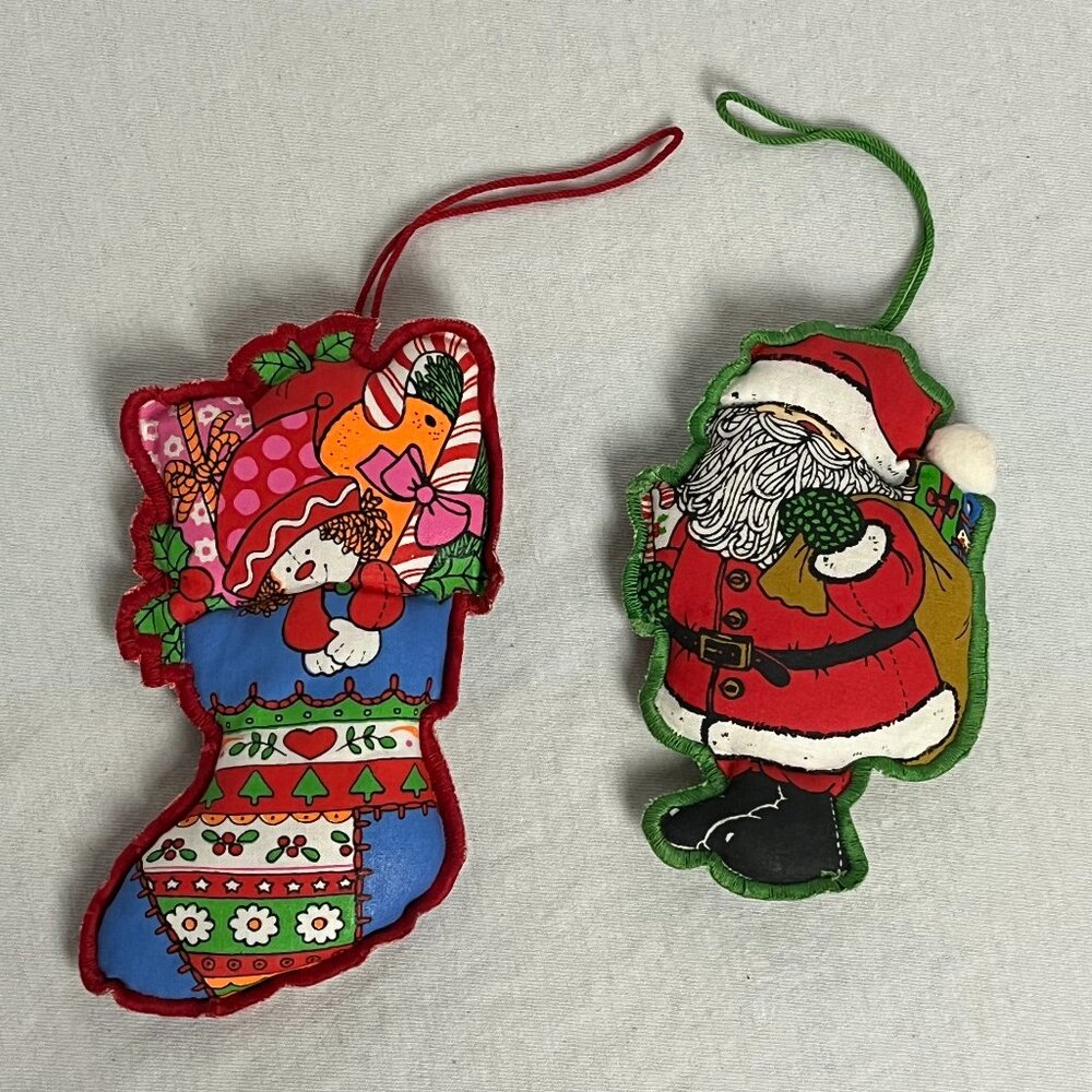 Vintage Hallmark Plush Fabric Santa Stocking Christmas Tree Ornaments Red Green
